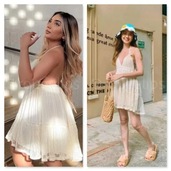 Backless Babydoll Short Dress in Beige - Picture 15 of 16